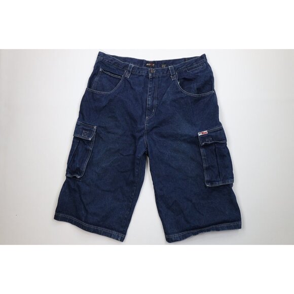Vintage 90s Y2K Streetwear Mens 42 Distressed Baggy Fit Denim Cargo Shorts Blue - Picture 1 of 13